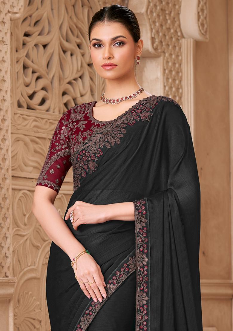 Black Embellished Georgette Saree Set - Indya