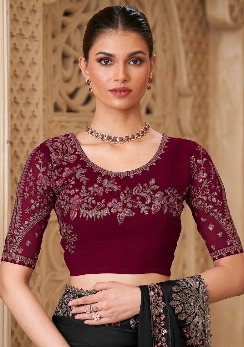 Black Embellished Georgette Saree Set - Indya