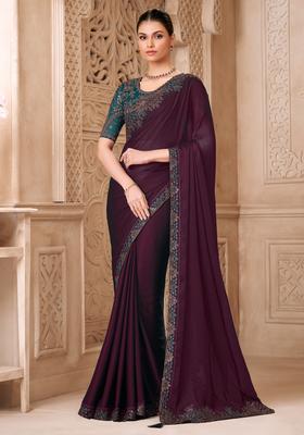 Wine Embellished Georgette Saree Set