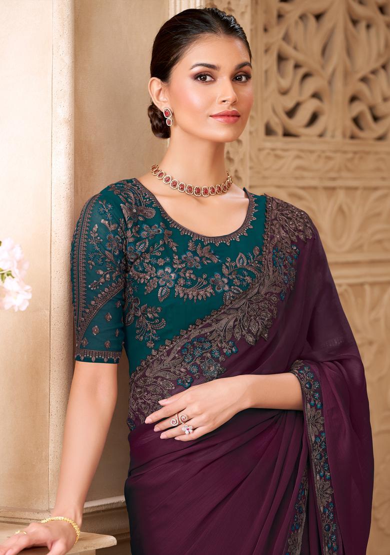 Wine Embellished Georgette Saree Set - Indya