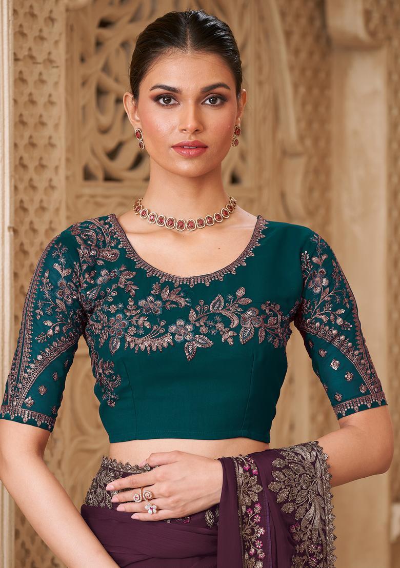 Wine Embellished Georgette Saree Set - Indya