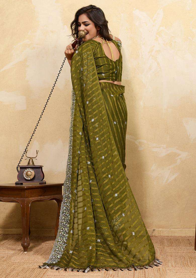 Olive Embellished Chiffon Saree Set for Diwali | Wedding & Festive Wear - Indya