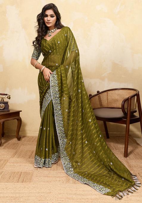 Olive Embellished Chiffon Saree Set for Diwali | Wedding & Festive Wear