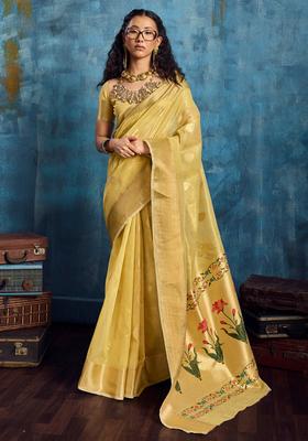 Yellow Woven Design Tissue Saree Set