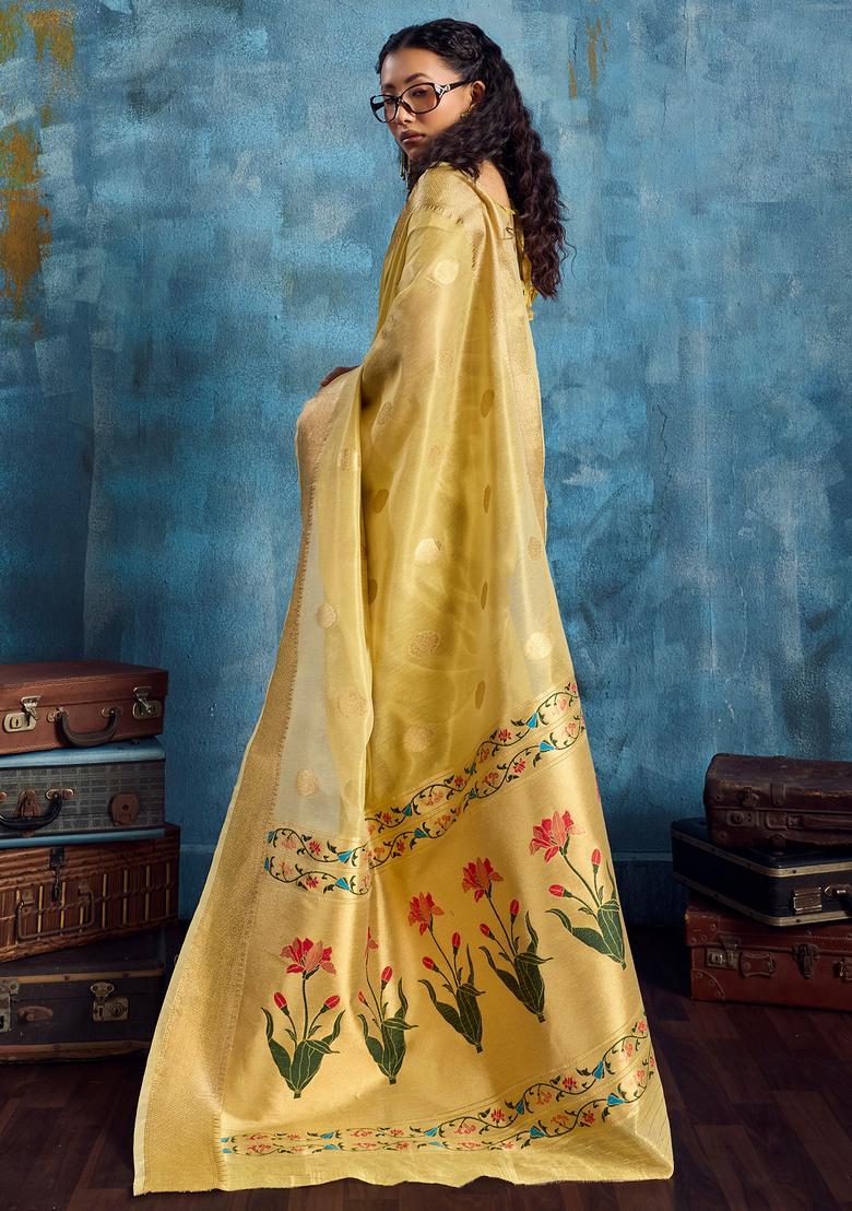 Yellow Woven Design Tissue Saree Set - Indya