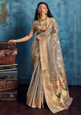 Grey Woven Design Tissue Saree Set