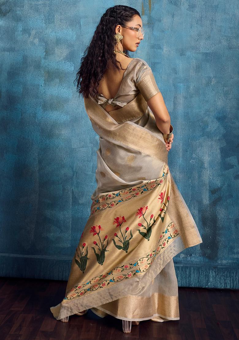 Grey Woven Design Tissue Saree Set - Indya