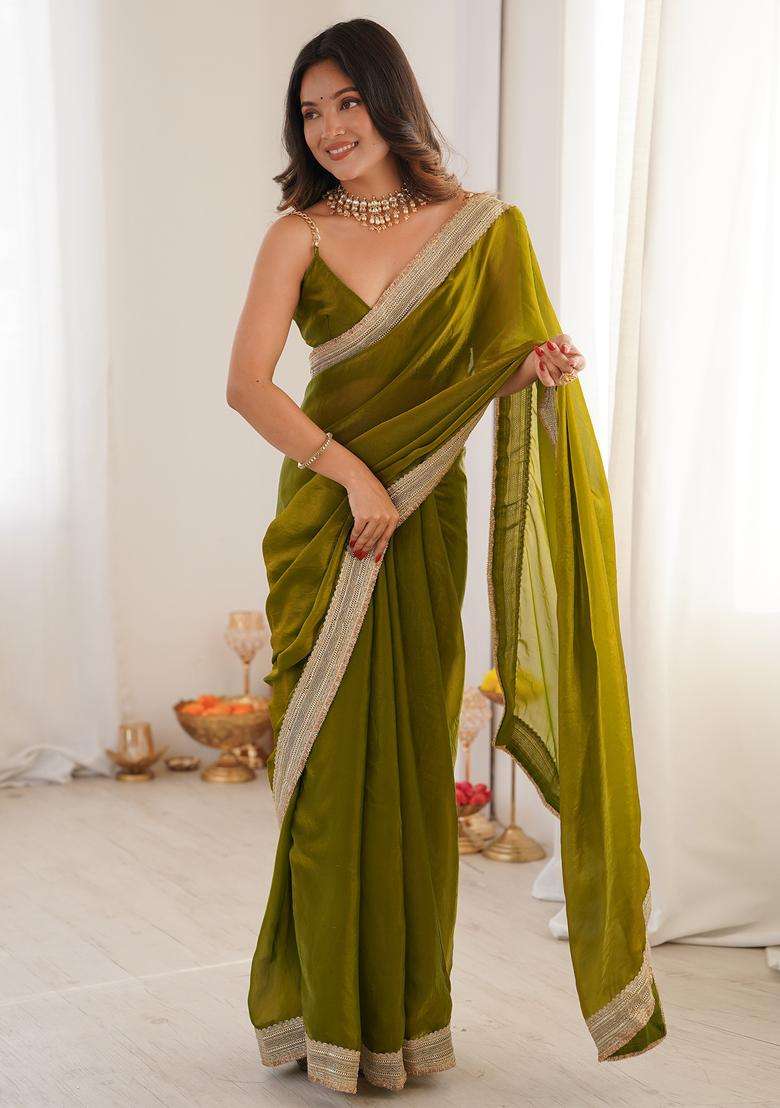 Olive Satin Saree Set with Embroidery for Diwali | Wedding & Festive Wear - Indya