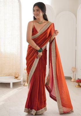Orange Embroidery Satin Saree Set