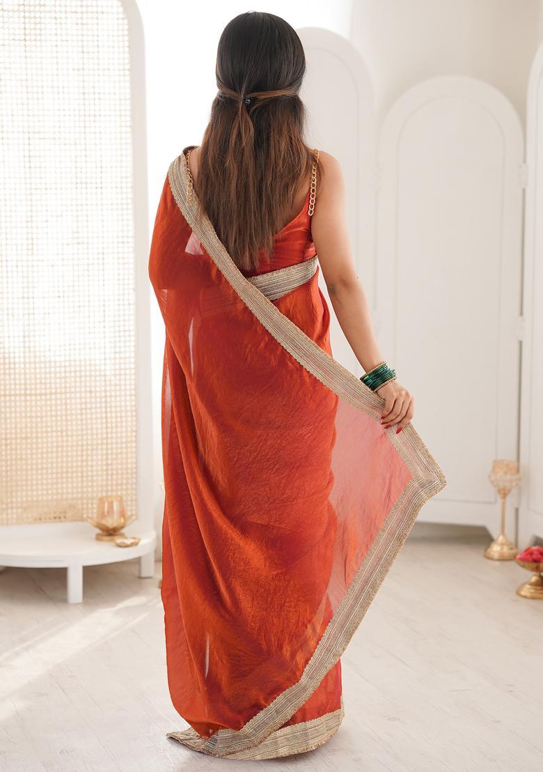Orange Embroidery Satin Saree Set - Indya