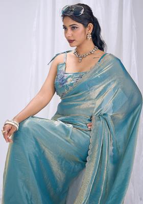 Teal Blue Embellished Silk Saree Set