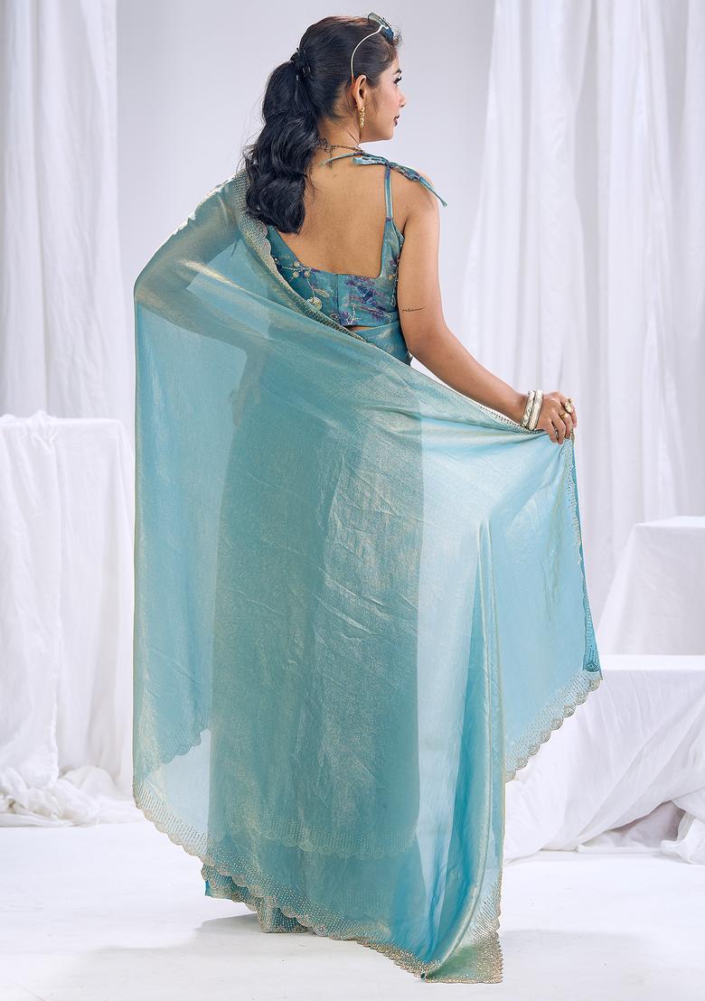 Teal Blue Embellished Silk Saree Set - Indya