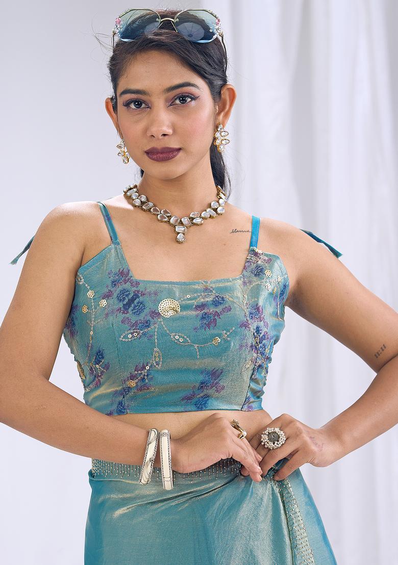 Teal Blue Embellished Silk Saree Set - Indya