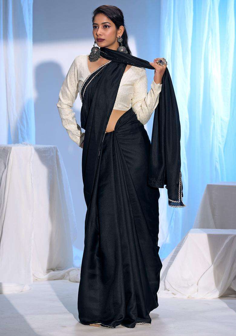 Black Solid Silk Saree Set for Diwali and Festive Wear - Indya