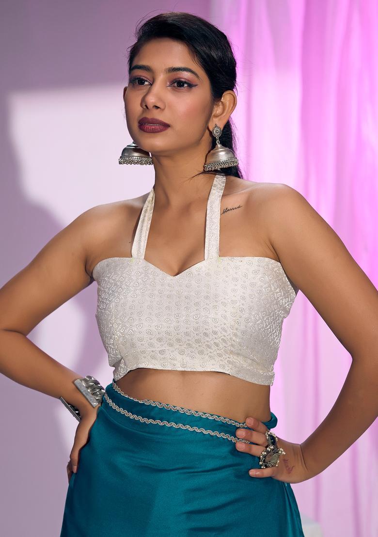 Teal Blue Solid Silk Saree Set - Indya