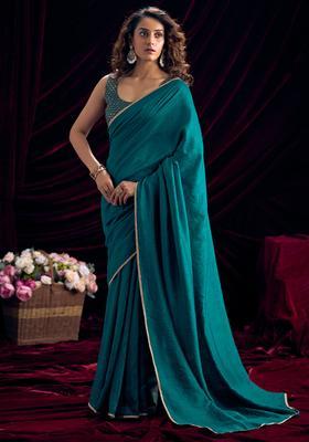 Teal Blue Solid Silk Saree Set