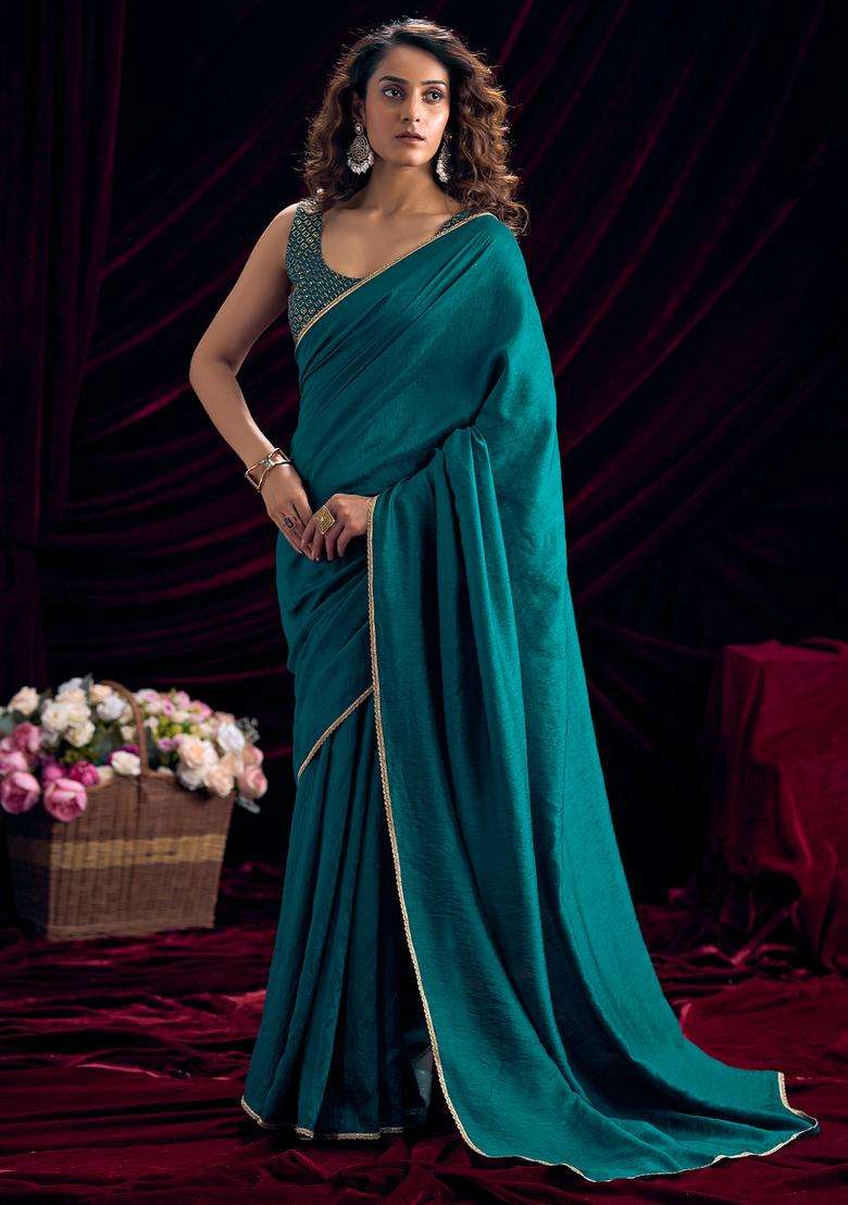 Teal Blue Solid Silk Saree Set for Diwali and Festive Wear - Indya