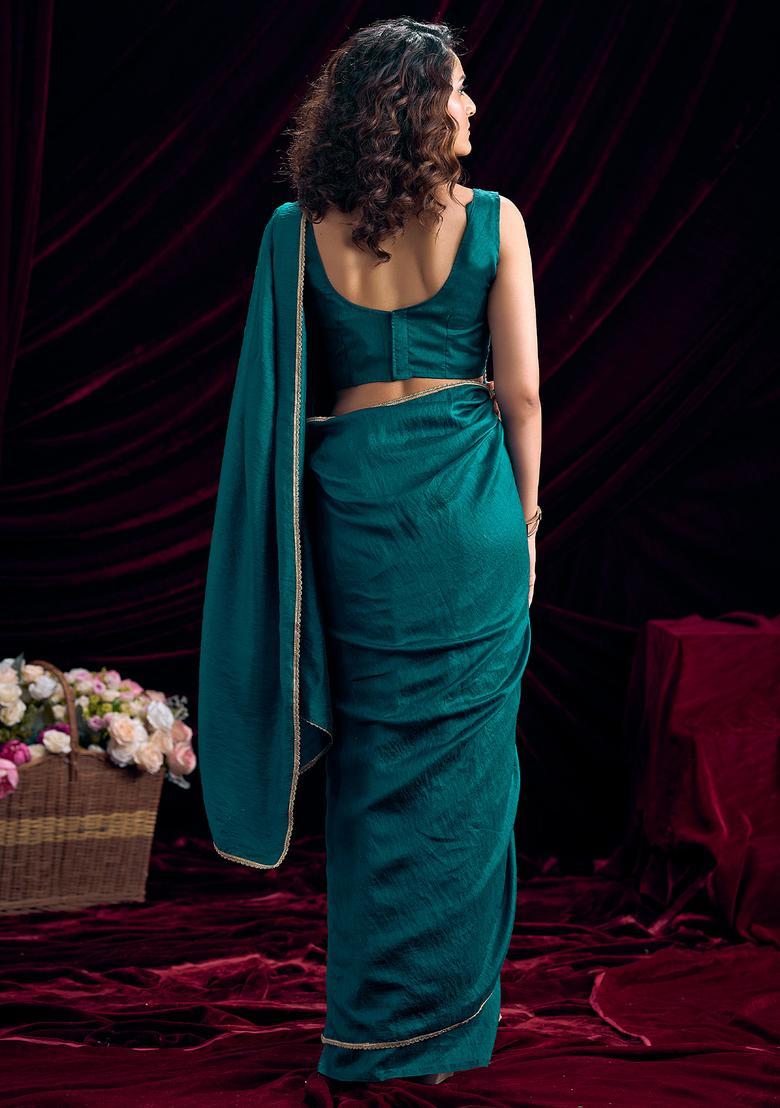 Teal Blue Solid Silk Saree Set - Indya
