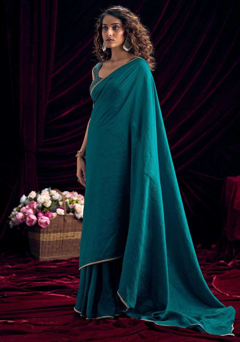 Teal Blue Solid Silk Saree Set for Diwali and Festive Wear - Indya