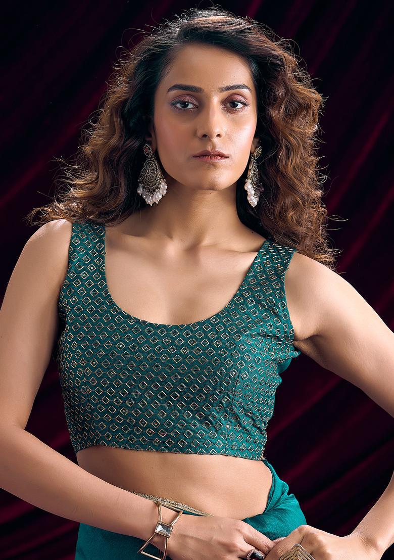 Teal Blue Solid Silk Saree Set - Indya