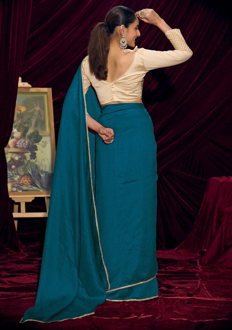 Teal Blue Solid Silk Saree Set - Indya