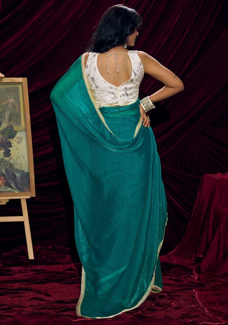 Teal Blue Solid Silk Saree Set - Indya