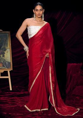 Red Solid Silk Saree Set