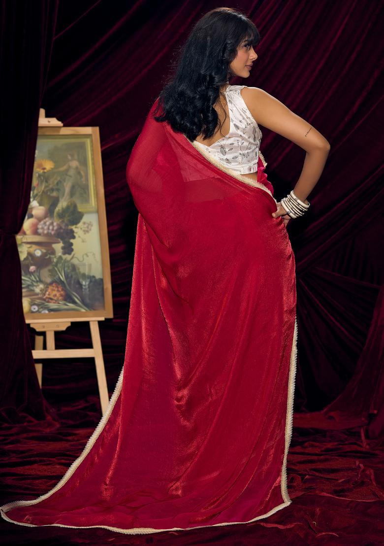 Red Solid Silk Saree Set - Indya