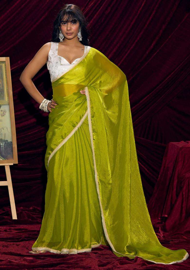 Olive Solid Silk Saree Set for Diwali | Wedding & Festive Wear - Indya