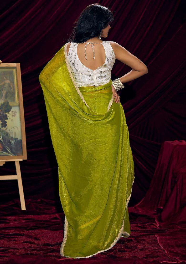 Olive Solid Silk Saree Set for Diwali | Wedding & Festive Wear - Indya