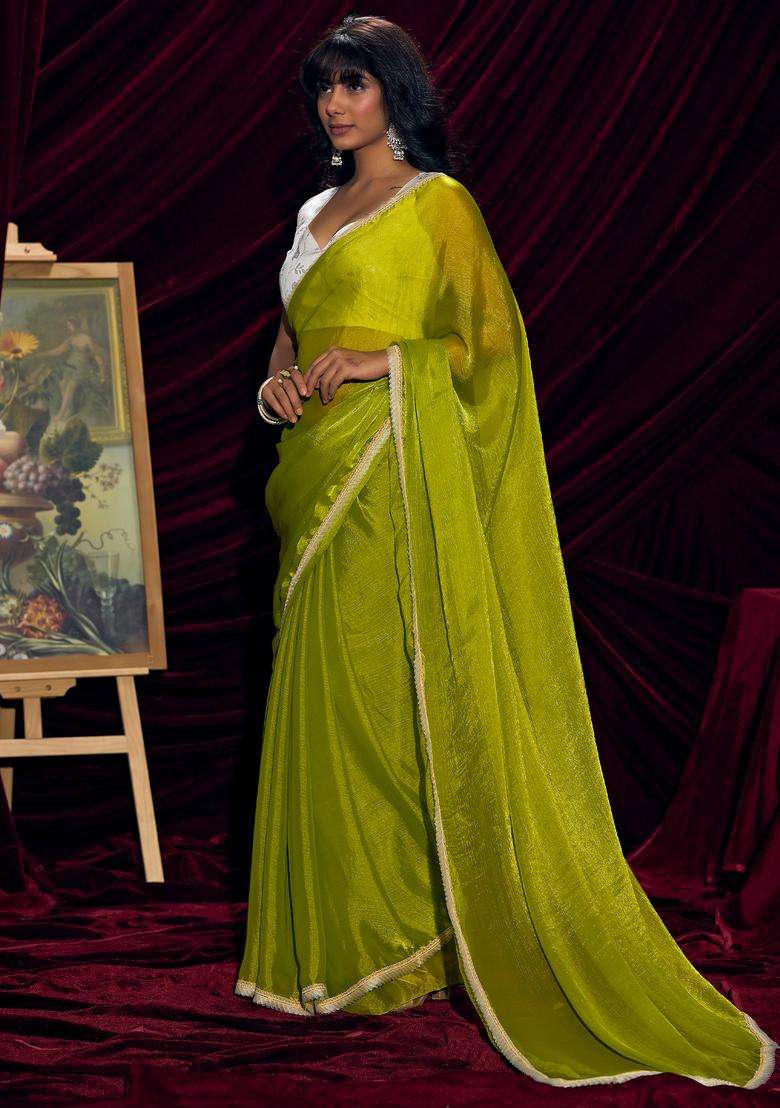 Olive Solid Silk Saree Set for Diwali | Wedding & Festive Wear - Indya