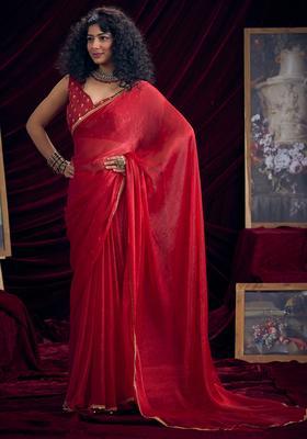 Red Embellished Silk Saree Set