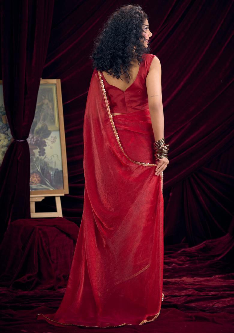 Red Embellished Silk Saree Set - Indya