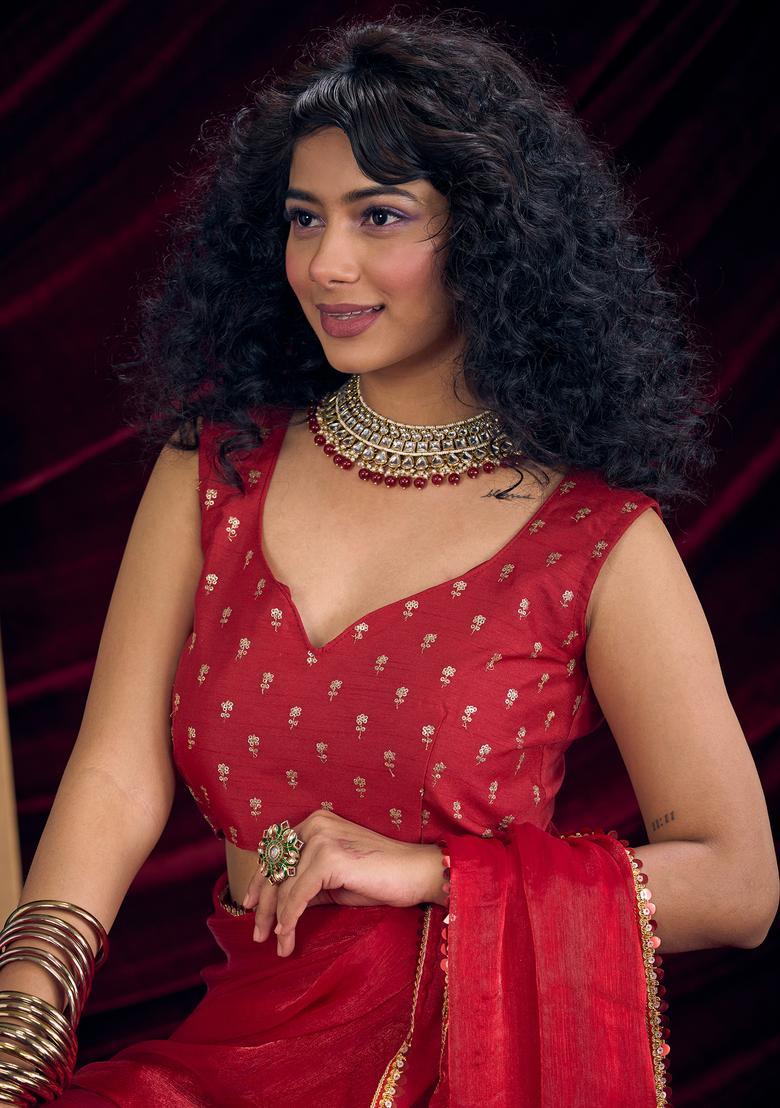 Red Embellished Silk Saree Set - Indya