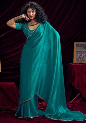 Teal Blue Embellished Silk Saree Set