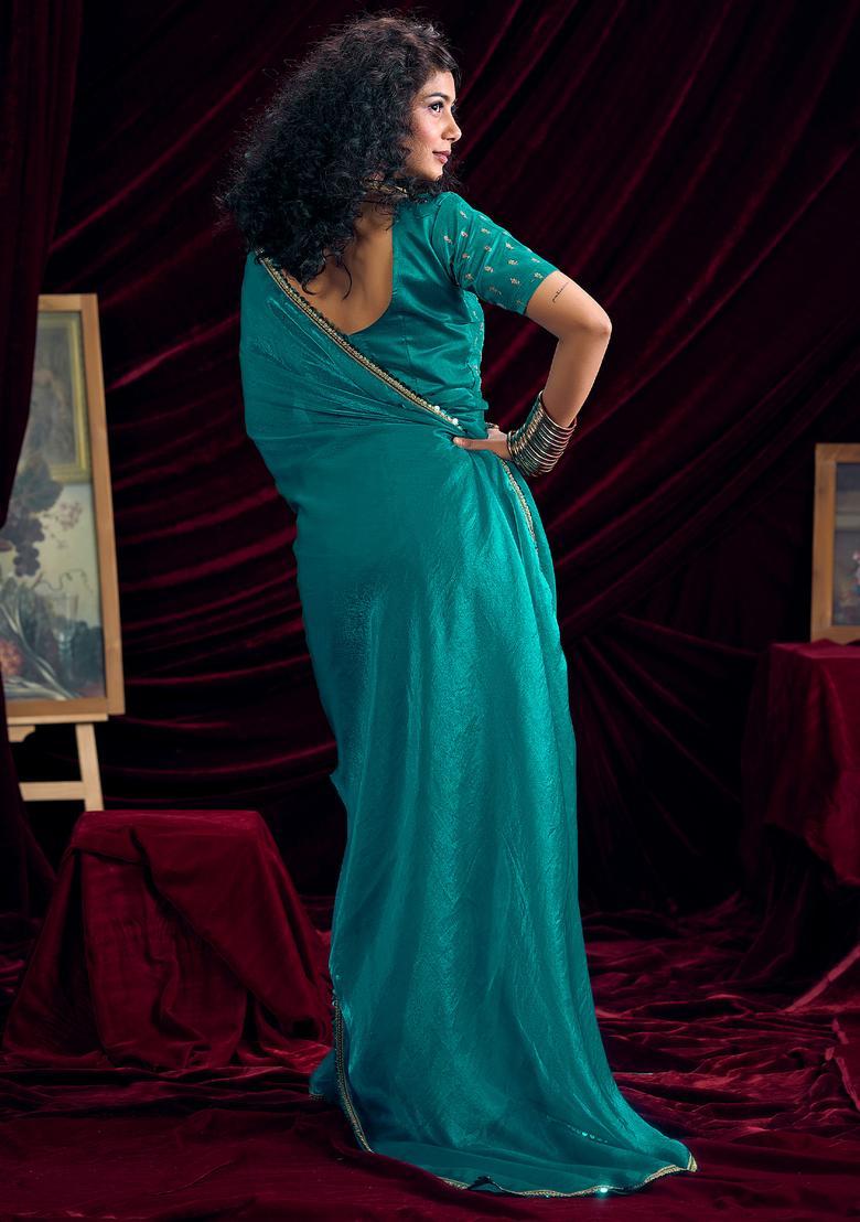 Teal Blue Embellished Silk Saree Set - Indya