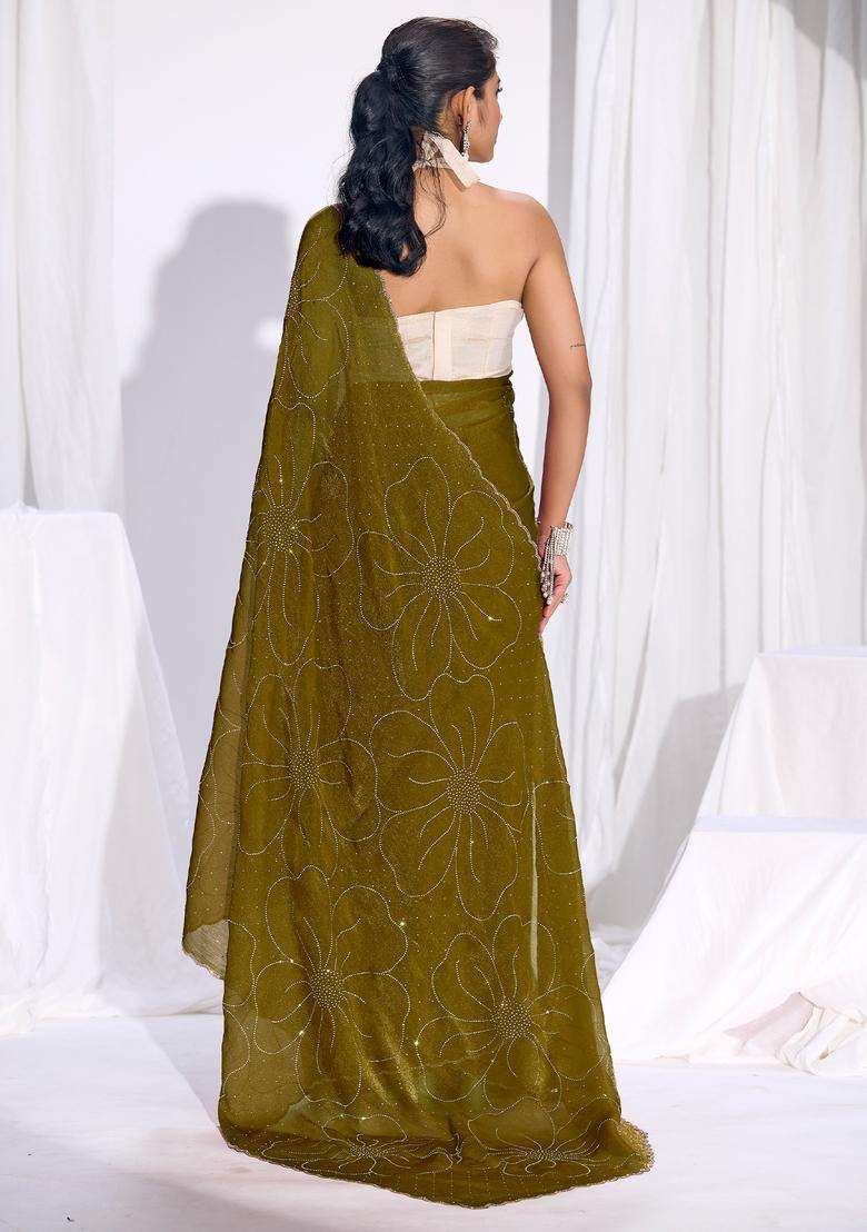 Olive Embellished Silk Saree Set for Diwali | Wedding & Festive Wear - Indya