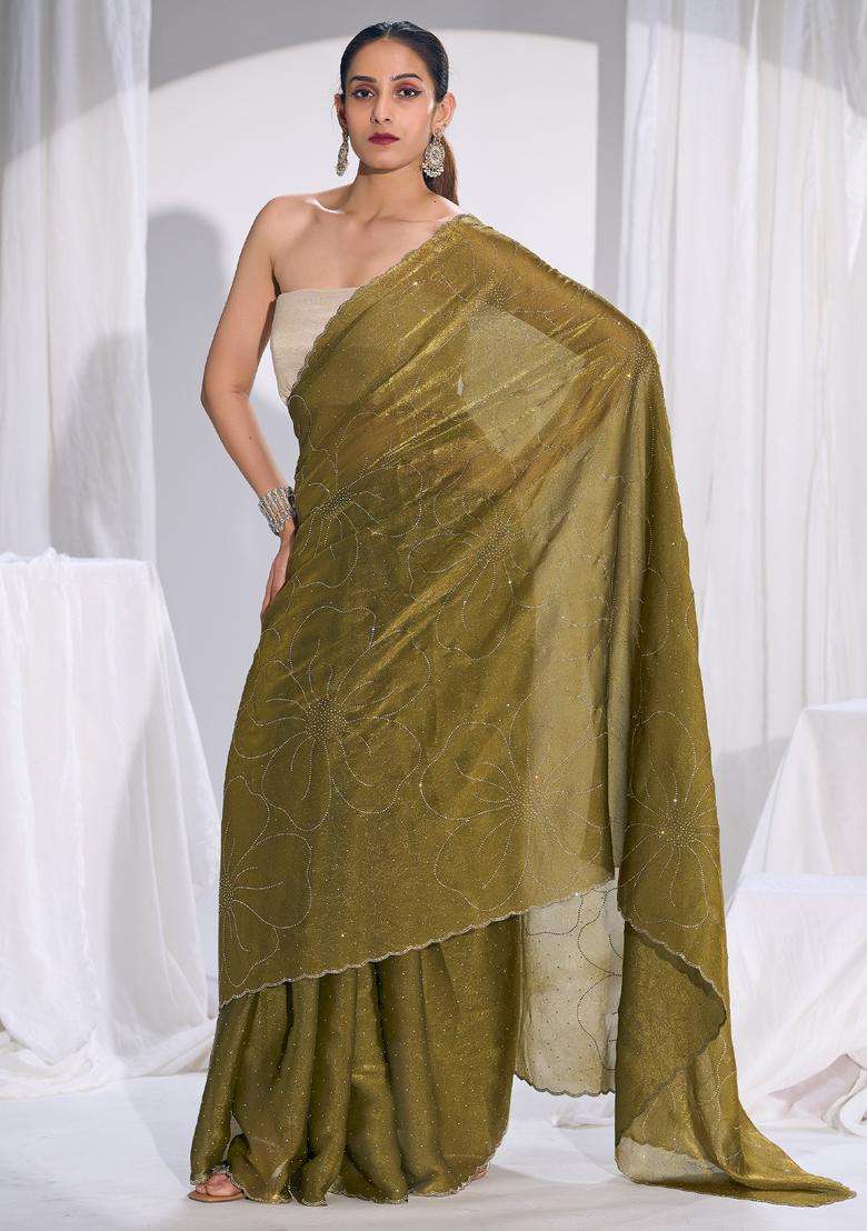 Olive Embellished Silk Saree Set for Diwali | Wedding & Festive Wear - Indya
