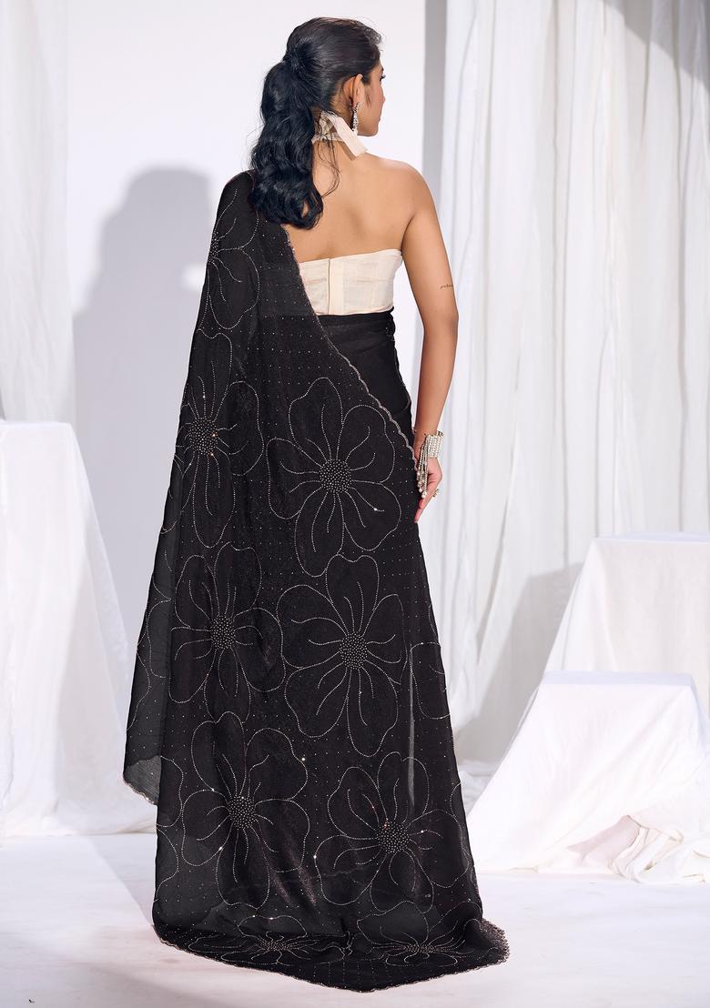 Black Embellished Silk Saree Set - Indya