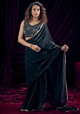 Black Solid Silk Saree Set