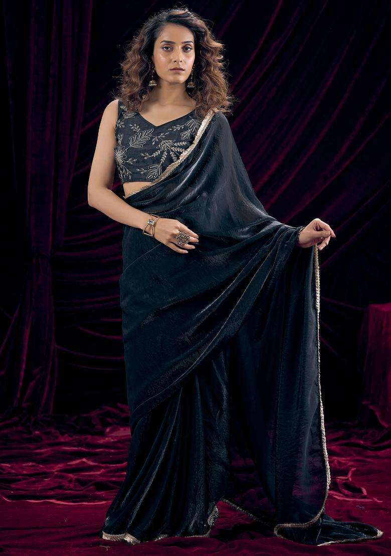 Black Solid Silk Saree Set for Diwali | Wedding & Festive Wear - Indya
