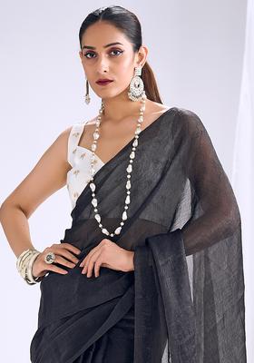 Black Solid Silk Saree Set