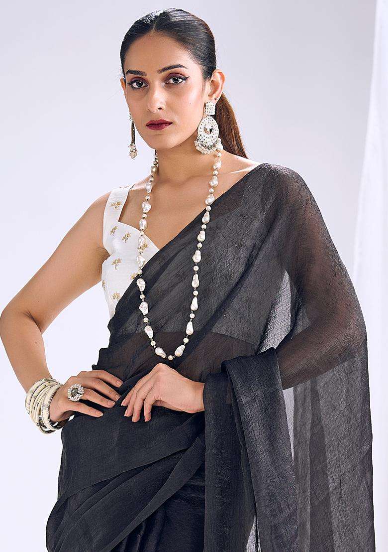 Black Solid Silk Saree Set for Diwali and Festive Wear - Indya