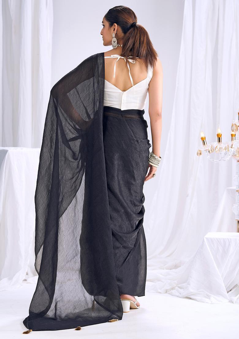 Black Solid Silk Saree Set - Indya
