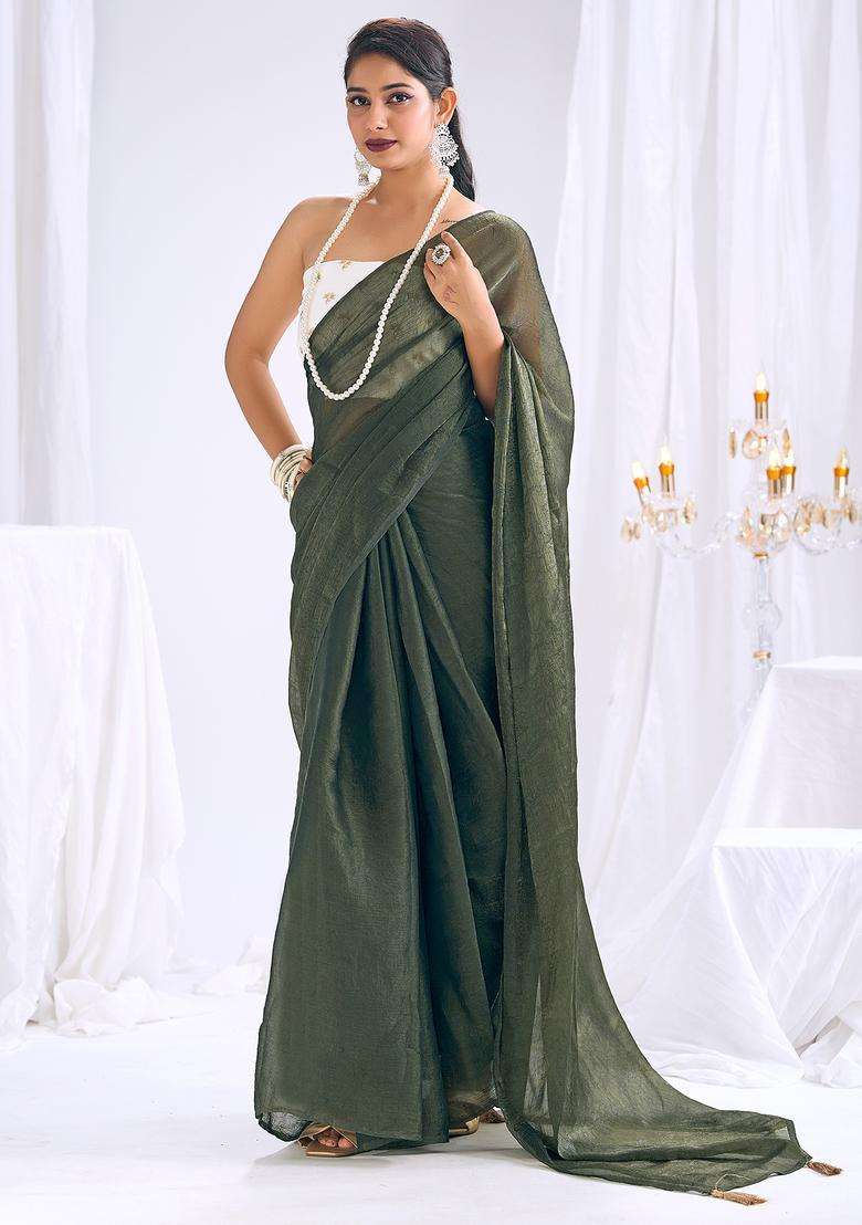 Olive Solid Silk Saree Set for Diwali and Festive Wear - Indya