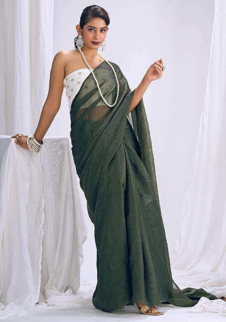 Olive Solid Silk Saree Set for Diwali and Festive Wear - Indya