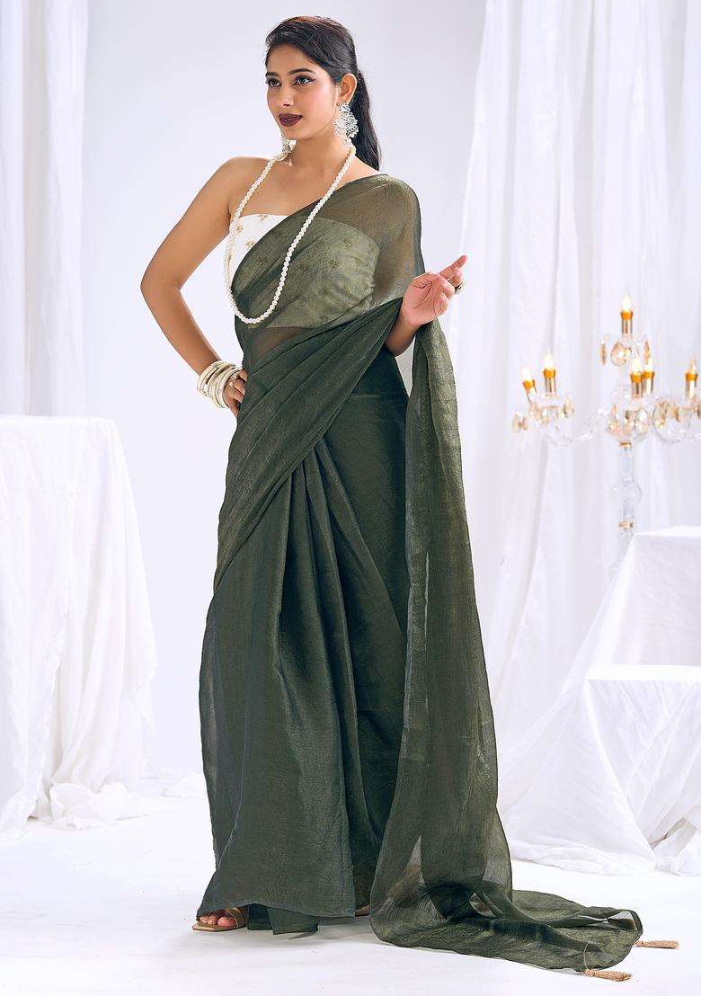 Olive Solid Silk Saree Set for Diwali and Festive Wear - Indya