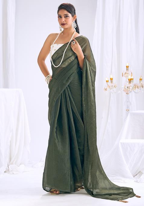 Olive Solid Silk Saree Set for Diwali and Festive Wear
