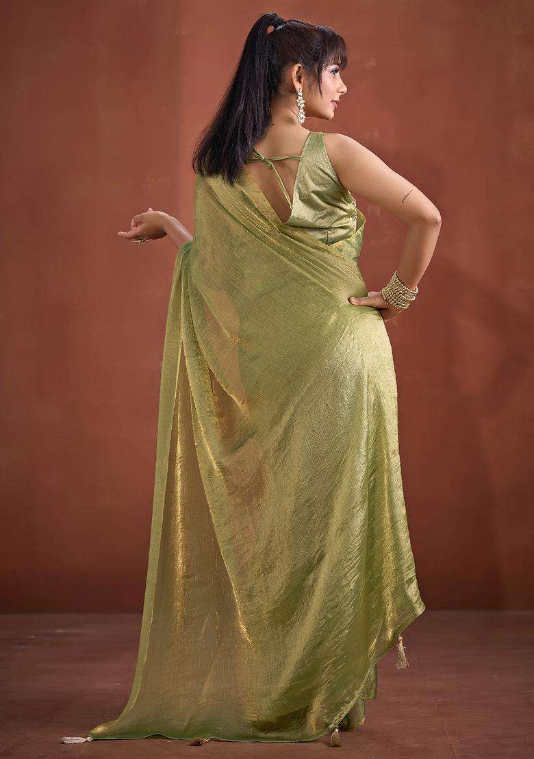 Olive Solid Silk Saree Set for Diwali | Wedding & Festive Wear - Indya