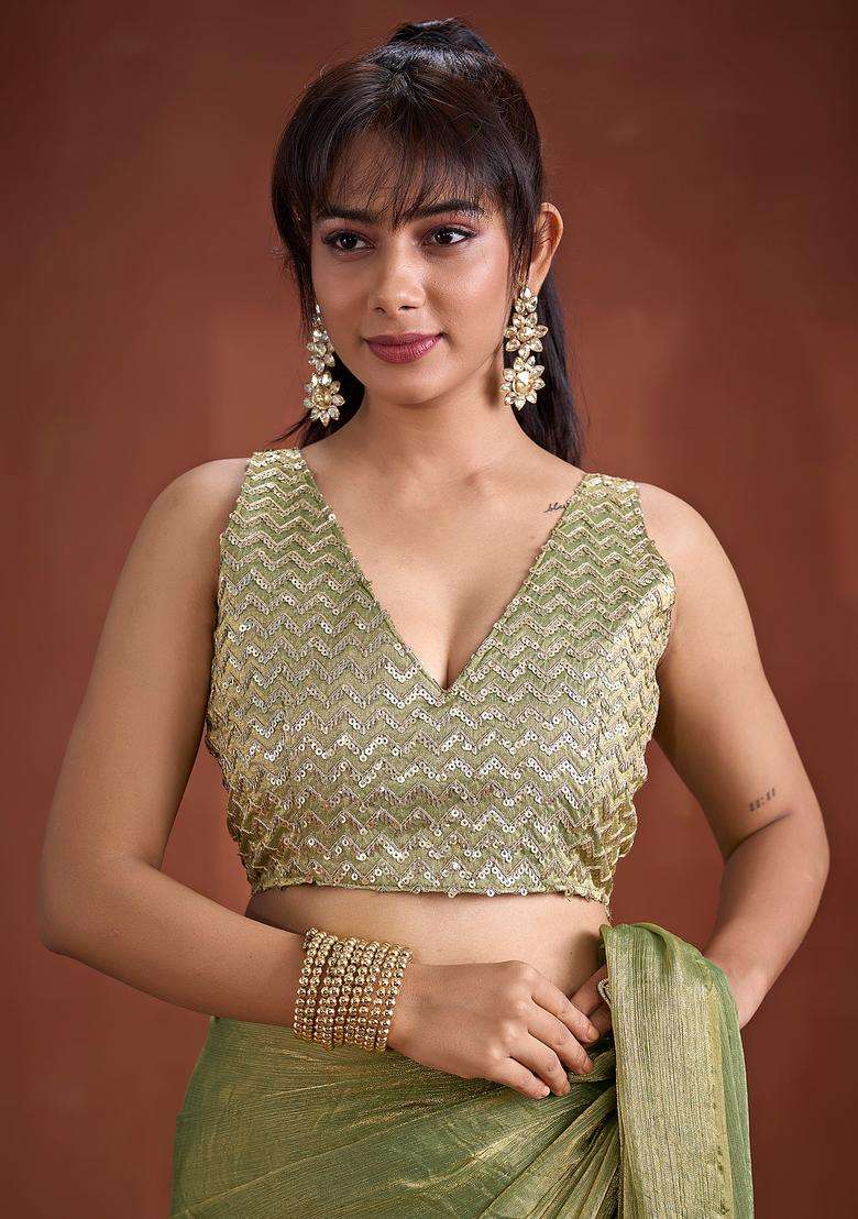 Olive Solid Silk Saree Set for Diwali | Wedding & Festive Wear - Indya